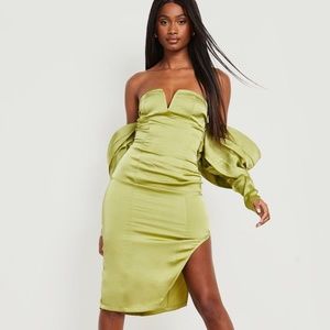 Off The Shoulder Satin Ruched Midi Dress
